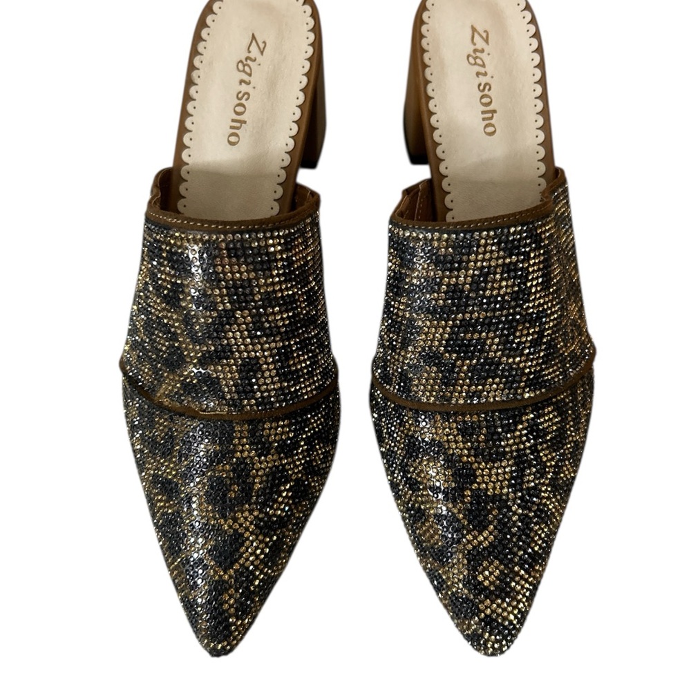 Zigi Soho Black & Gold Crystal Leopard-Print Pointed Mules